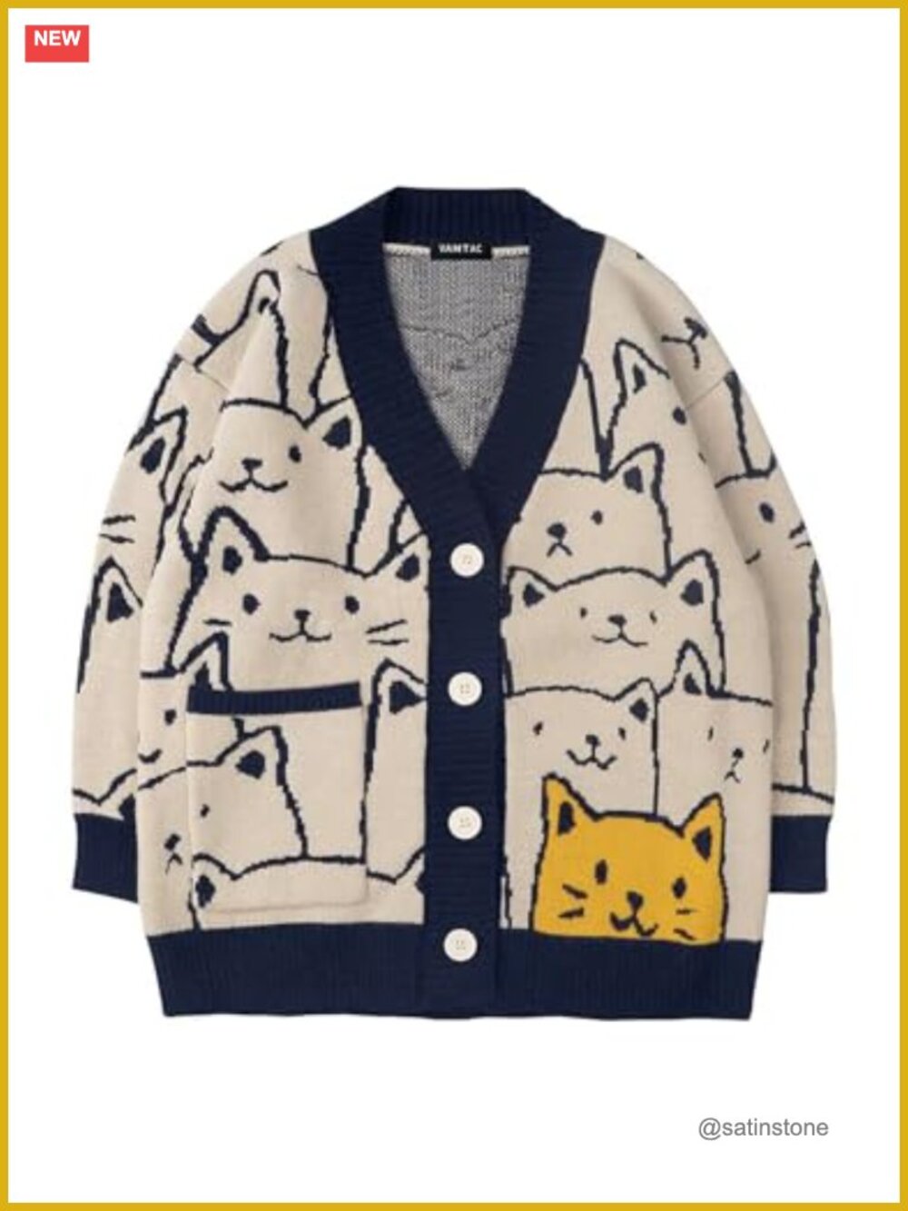 Cat Print V-Neck Cardigan for Men | Oversized Knit Long Sleeve Button Sweater